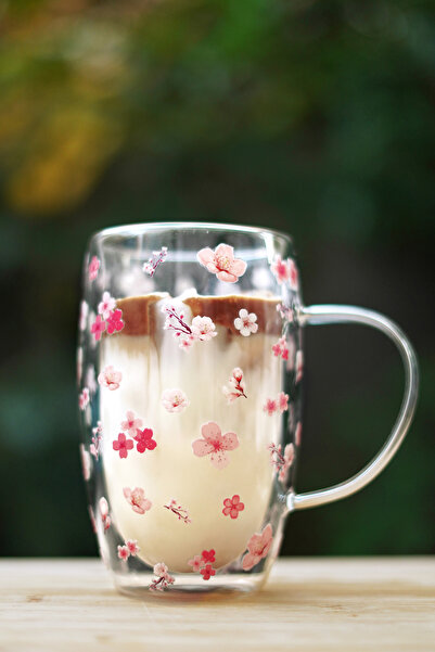 Caga Home CAGA Pinterest Kiraz Çiçeği Desenli Çift Cidatlı Cam Su Kahve Meşrubat Bardağı 450 Ml