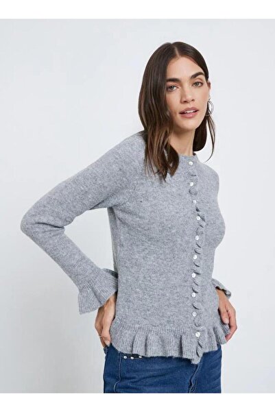 Cockatoo Ruffle Detailed Long Sleeve Crew Neck Knitwear Cardigan