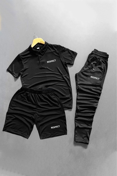 NOFLEN Polo Yaka Respect Printed 3-Piece Shorts and Sweatpants Set