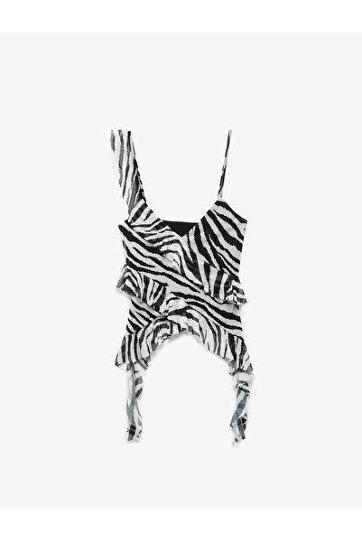 Koton Zebra Pattern Asymmetrical Cut Thin Strap Tulle Ruffle Blouse