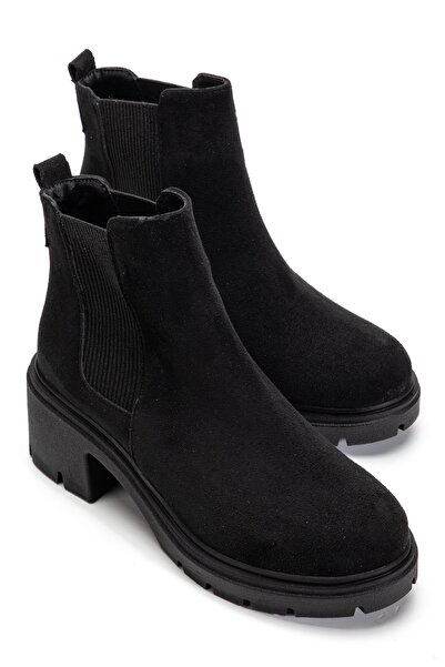 Dilimler Ayakkabı Women's Heeled Boots Black Suede Side Elastic Zipperless Thick Sole