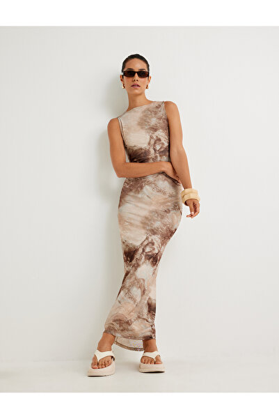 Koton Long Pencil Dress Abstract Pattern Sleeveless Round Neck