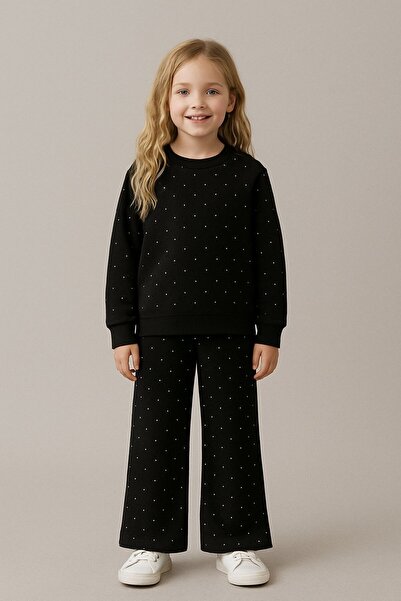 Yalçınoğlu Kids 3-6 Years Old Stone Embroidered Pocketed Fabric Set – Children's Tracksuit Set with Stones on the Front and Back