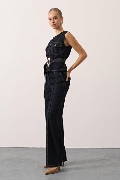 SHILSEE BEUTİQUE Women's Gold Detail Belted Vest Pants Denim Suit Navy Blue