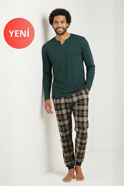DOFİ Men's Winter Button-Down Collar Pajama Set – Green, Plaid Bottoms, Cuffed Legs