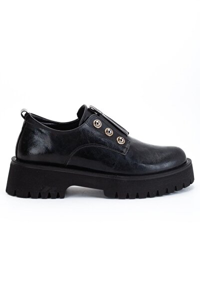 Dilimler Ayakkabı Women's Casual Daily Shoes Black Wrinkled Patent Leather Thick Sole Without Laces