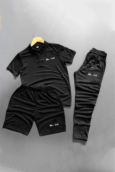 NOFLEN Polo Yaka Black Printed 3-Piece Shorts and Sweatpants Set