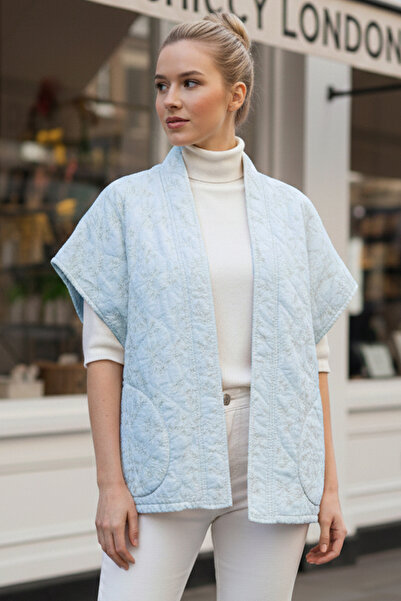 Chiccy Baby Blue χωρίς γιακά, χωρίς μανίκια, χωρίς κλειστές τσέπες, casual καπιτονέ oversized υφαντό μπουφάν κιμονό 80 70