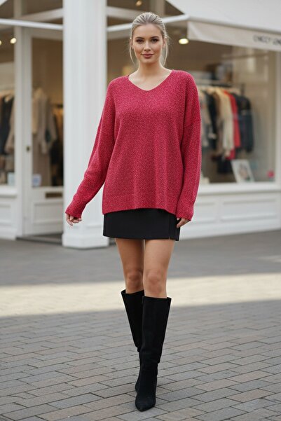 Chiccy Flame Red V-Neck Long Sleeve Slit Silvery Casual Long Back Oversized Knitwear Sweater 70 75