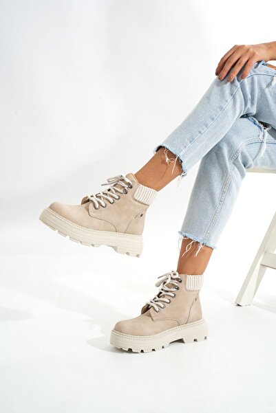 Zerenyus Γυναικείες καθημερινές μπότες ZRİN-2045 Premium Beige Suede με κορδόνια