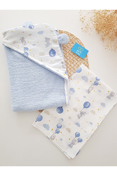 artıbebe مجموعة مناشف استحمام للأطفال مع بالونات |   بطانية موسلين + بغطاء رأ...