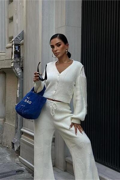 LONCA Knitted Set Cardigan Pants With Tassels