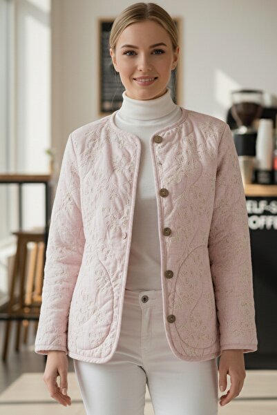 Chiccy Pastel Pink Kimono Collar Long Sleeve Buttoned Pocket Casual Quilted Woven Jacket 65 55