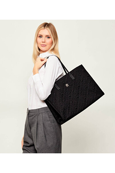 Tommy Hilfiger Women Patterned Embossed Logo Short Handle Square Size Zipper Closure Black Shoulder Bag Aw0Aw18163-Bds