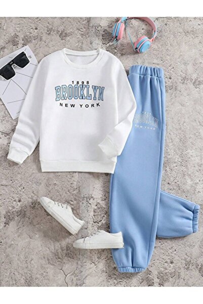buendiakids Girl/Boy White-Blue Brooklyn Printed Crew Neck Tracksuit Set