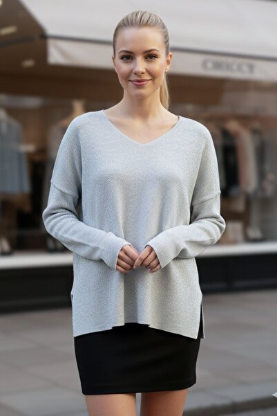 Chiccy Argintiu cu decolteu în V cu mânecă lungă cu fantă argintiu casual cu spate lung supradimensionat pulover tricotat 70 75