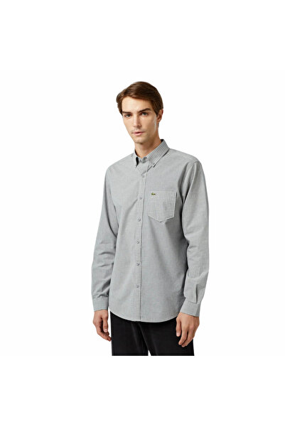 Lacoste Men's Relaxed Fit Button Collar Plaid Gray Shirt Ch2519.Buq