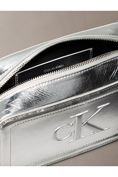 Calvin Klein Women's Shiny Leather Zipper Closure Adjustable Strap Ck Letter Pattern Silver Shoulder Bag Lv04F3331G-3Jh