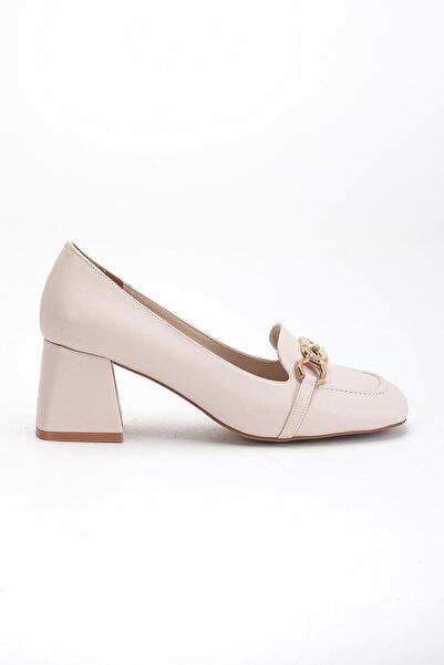 Dilimler Ayakkabı Large Small Size Blunt Toe Buckle Skin Beige Women's Thick Heeled Shoes