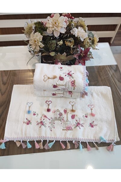 A.Z.H. (3Rd Set) 50X90 cm Bird and Flower Embroidered Tasseled Velvet Texture Luxury Towel Set