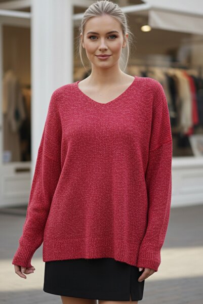 Chiccy Flame Red V-Neck Long Sleeve Slit Silvery Casual Long Back Oversized Knitwear Sweater 70 75