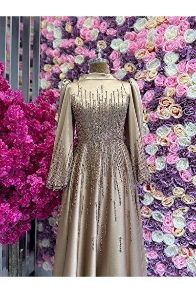 YuSeM İşleme Detaylı Saten Abiye Bronz