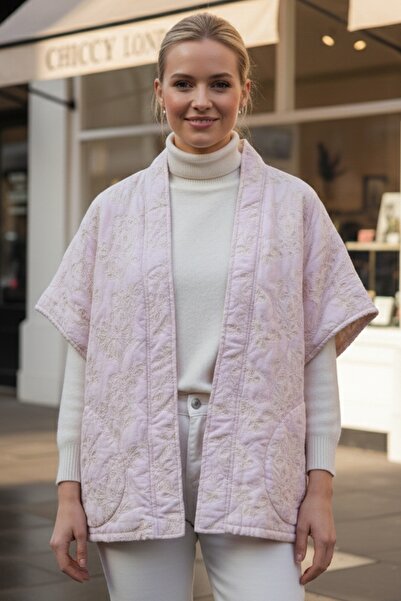 Chiccy Pastel Pink Collarless Low Sleeve No Closure Pocket Casual Quilted Oversized Woven Kimono Jacket 80 70