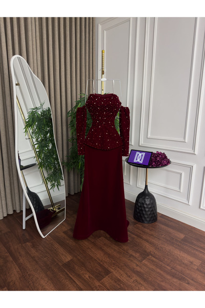 Generic Luxurious wool evening dress with full pearl and sequin embroidery - off-shoulder design with long sleeves - deep burgundy color