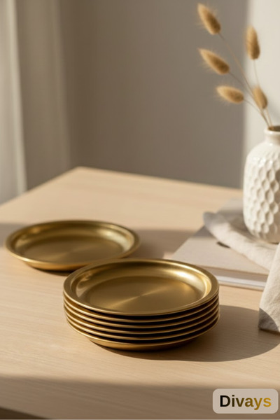 DİVAYS 6-Piece Luxury Gold Metal Serving Presentation Plate Set 11 cm |   Steel Mezelik Coaster