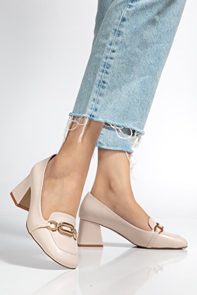 Dilimler Ayakkabı Large Small Size Blunt Toe Buckle Skin Beige Women's Thick Heeled Shoes