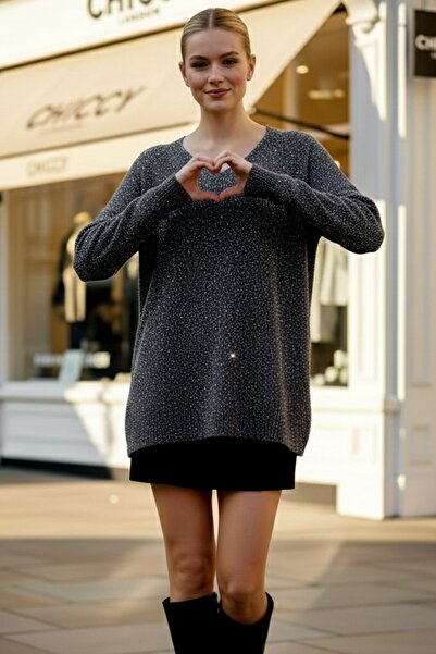 Chiccy Black V-Neck Long Sleeve Slit Silvery Casual Long Back Oversized Knitwear Sweater 70 75