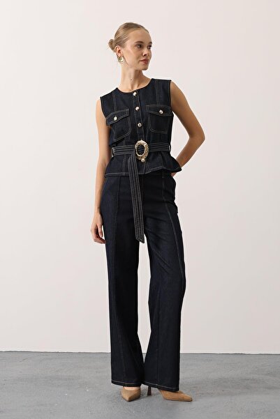 SHILSEE BEUTİQUE Women's Gold Detail Belted Vest Pants Denim Suit Navy Blue