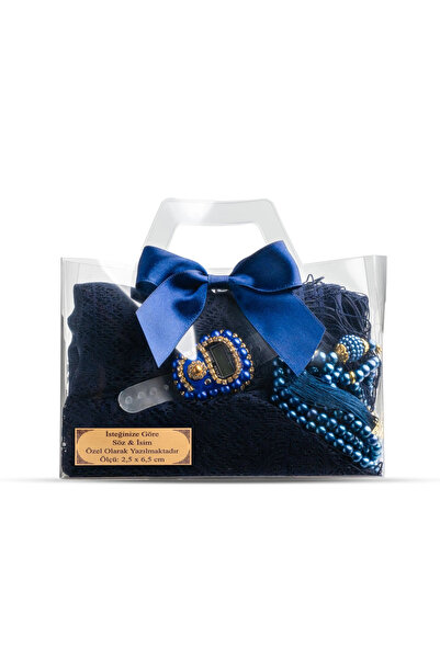 Hayrat Neşriyat Tasbih + Lace Shawl + Zikirmatik Gift Set (Acetate Boxed, Navy Blue)