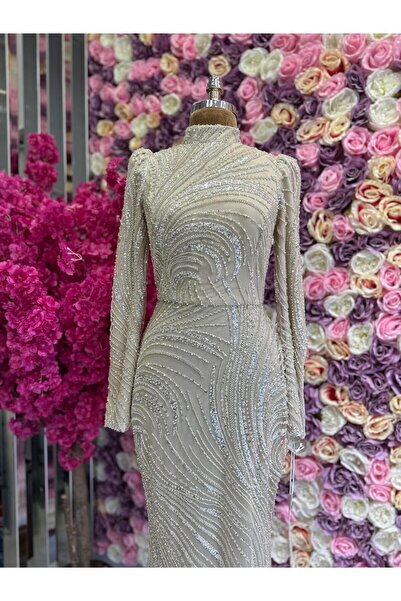 YuSeM İşlemeli Kumaş Tasarım Abiye Bej