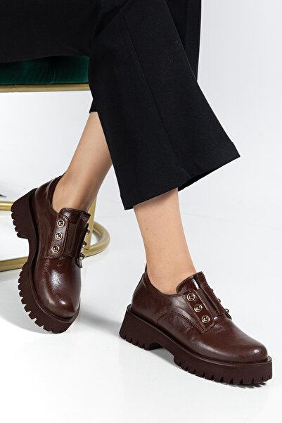Dilimler Ayakkabı Women's Casual Daily Shoes Brown Wrinkled Patent Leather Thick Sole Without Laces