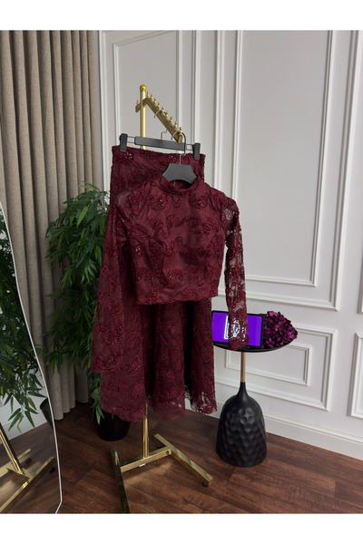 Generic Luxurious full lace evening set - top and wide skirt - elegant design with a royal burgundy floral pattern