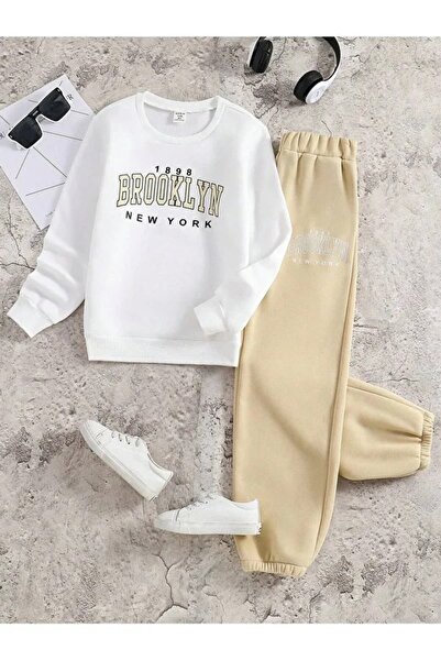 buendiakids Girls/Boys White-Beige Brooklyn Printed Crew Neck Tracksuit Set