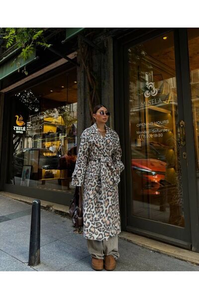 LONCA Haină Bej Retro Elegantă Cu Un Rând Și Imprimeu Animalier