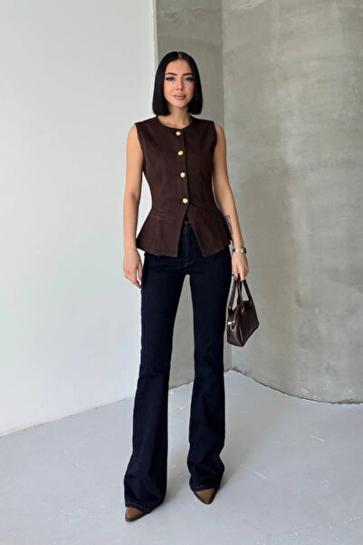 Coşkun GİYİM Women's Buttoned Waistcoat with Waist Adjustment Brown 6086-78