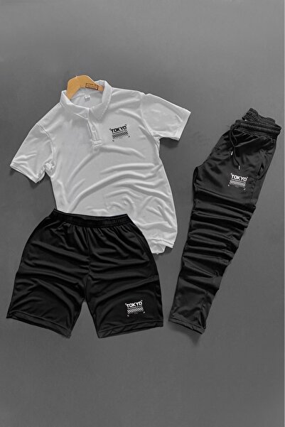 NOFLEN Polo Yaka Tokyo Printed 3-Piece Shorts and Sweatpants Set