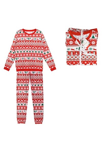 OEM Set de pijamale de Crăciun pentru femei, jacquard roșu-alb cu detalii ver...