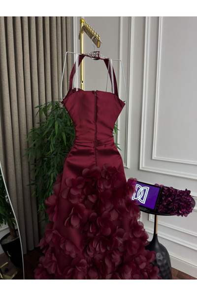 Generic Luxury Mikado evening gown with hand embroidery - 3D roses - mermaid design in royal burgundy