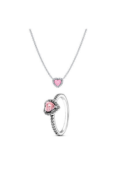 NOVVO Jewelry Set Necklace and Ring Pink Heart Heart 925 Silver