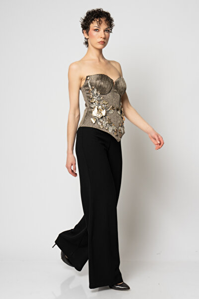 RENGIN Korsajı deri çiçekli simli büstiyer krep pantolon abiye takım