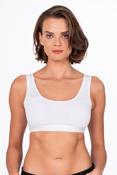 Kompedan Women's Cotton Ribbed Knit Sports Bra |   White 5044