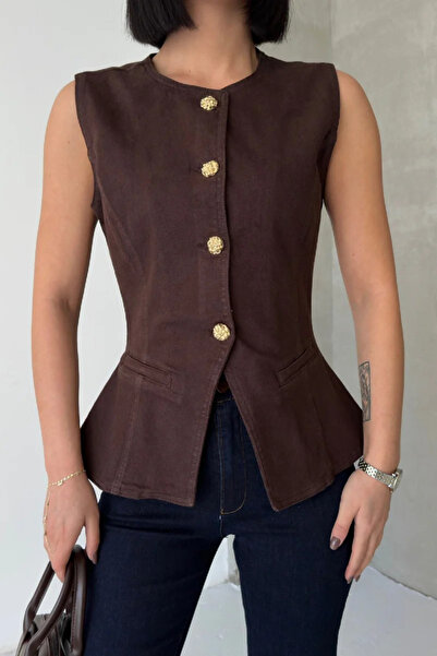 Coşkun GİYİM Women's Buttoned Waistcoat with Waist Adjustment Brown 6086-78