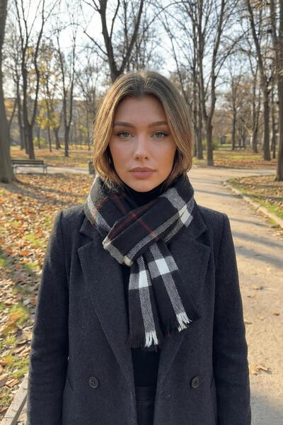 AFVENTE Χειμερινό καρό μοτίβο μαύρο κασκόλ σάλι