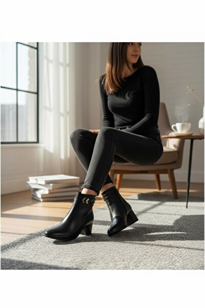 VeliKundura Denora Black Heelled Almond Toe Silver Buckle Women's Boots