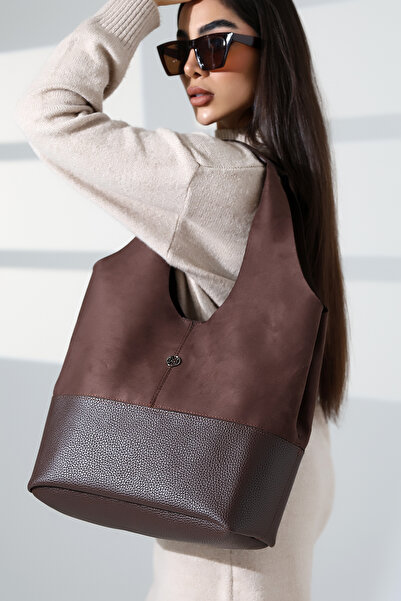 Moda Lime Geantă de umăr din piele intoarsa maro pentru femei, cu detaliu de ...