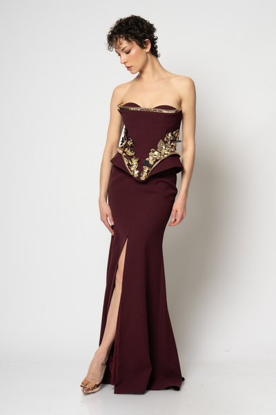 RENGIN Beli rugan çiçekli straplez krep abiye elbise